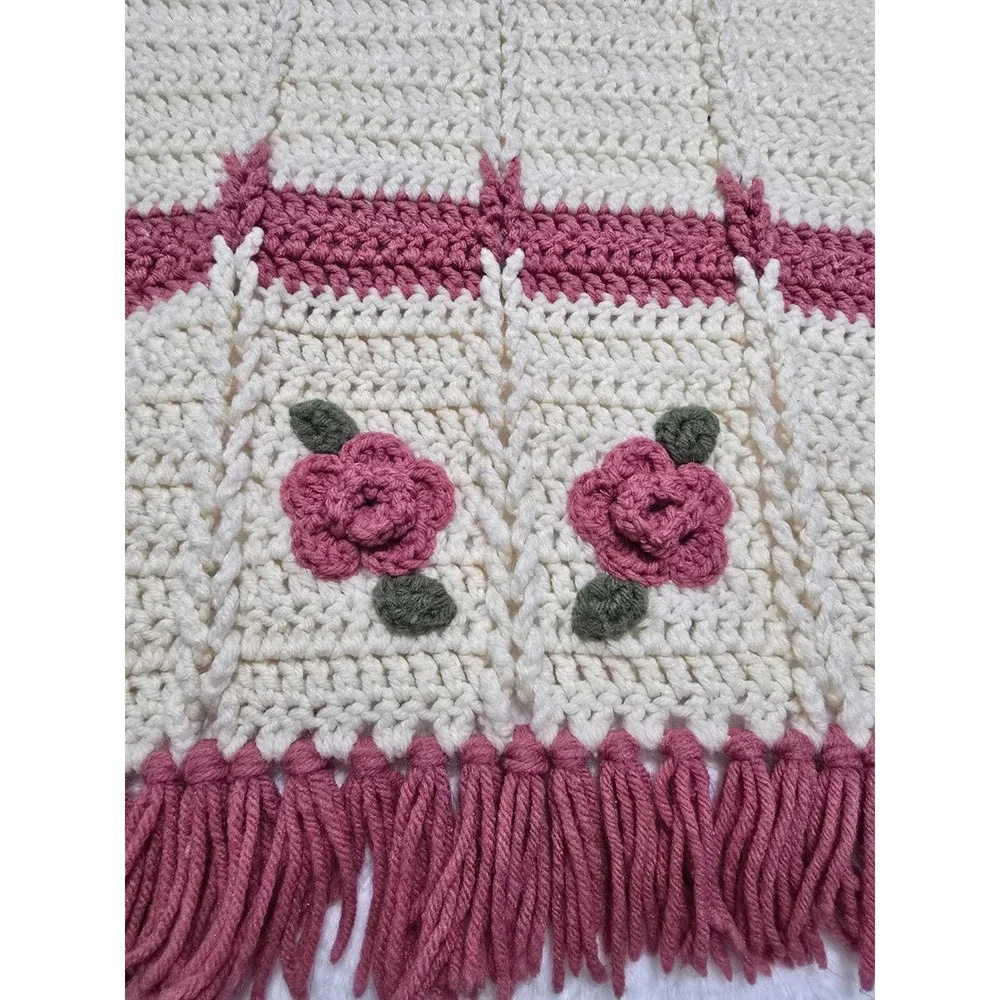 Vintage Handmade Crochet Rose Throw Blanket Cream Pink Floral Fringe Afghan